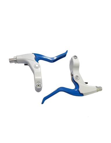 Paire de leviers de frein VTT V-Brake 2 doigts aluminium blanc-bleu