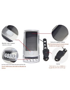 Éclairage Avant avec Sonnette rechargeable avec énergie solaire et USB 2