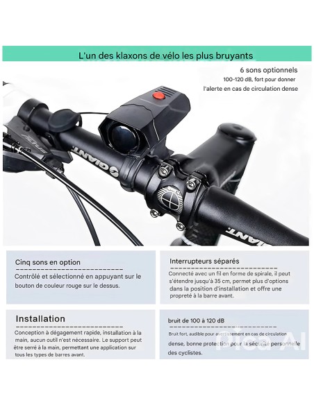 Klaxon de vélo 120 dB pour guidon de vélo avec 6 sons différents