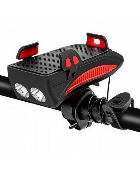 Éclairage de Vélo Multifonction 4 en 1 USB Rechargeable avec Support GSM + klaxon de vélo + Power Bank noir et rouge